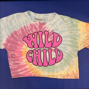 This is a tie die shirt that says “wild child”